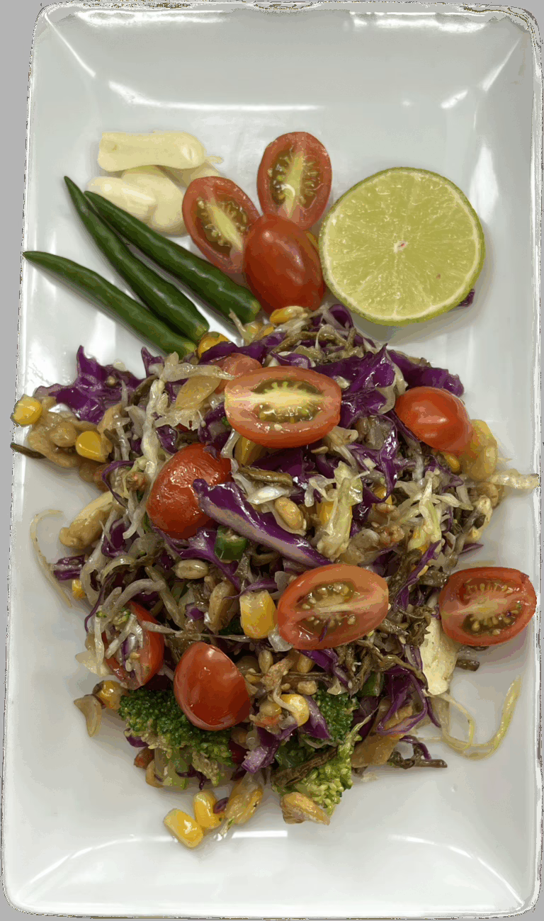 Pickel tea leaf,assorted fried beans,cabbage and tomato,choice dry shrimp and fried fish