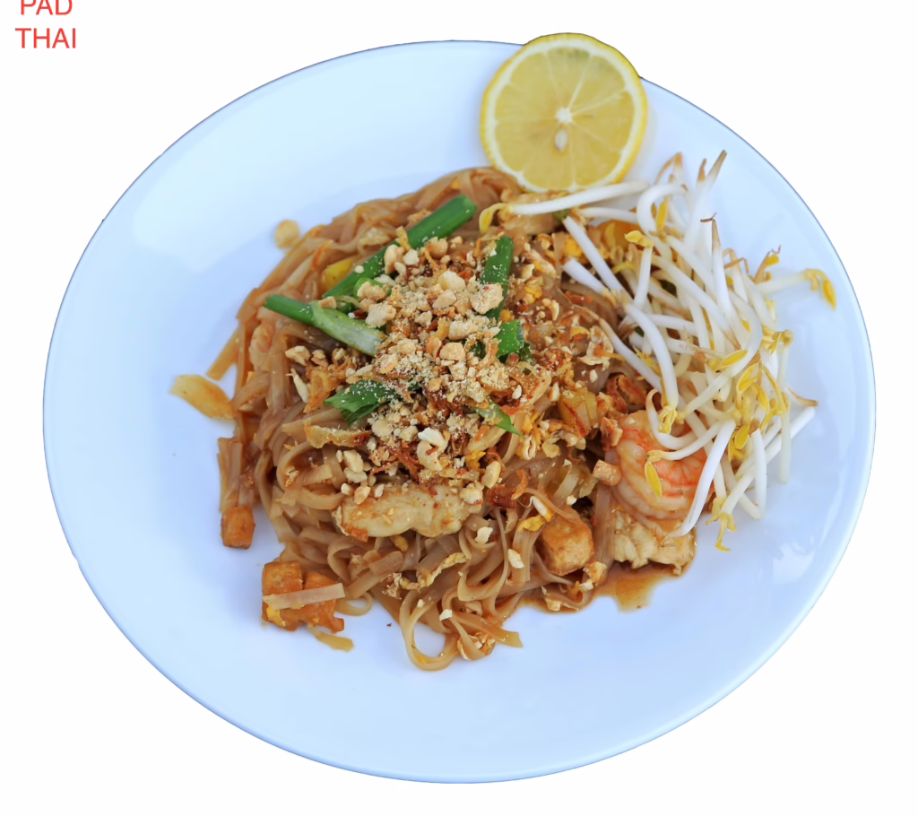 rice noodle, sweet radish ,onion ,bean sprout ,pad thai sauce with peanut