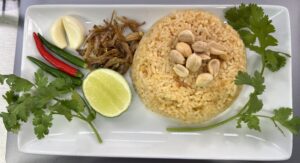 white rice, chick pea powder and choice dry shrimp and fried fish