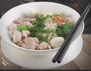 Rice vermicelli, chicken, fish ball ,tofu, mustard leaf withbrown sauce