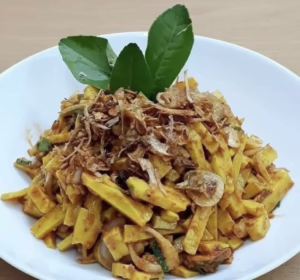 chick pea tofu with tamarind sauce with fired onion